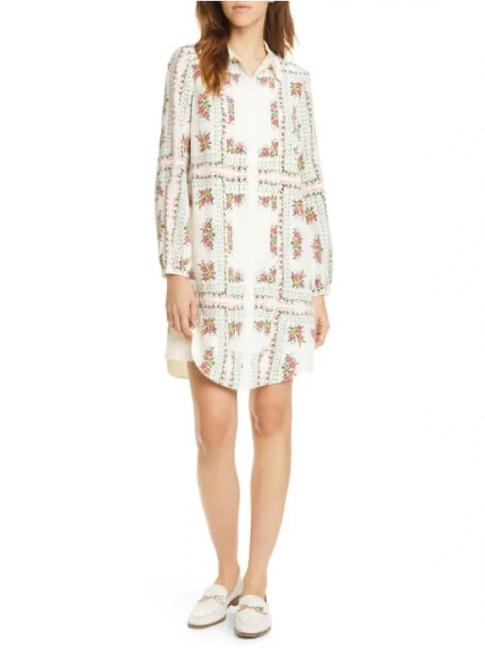 Tory Burch White Mini Shirt Dress with Pink Floral Print